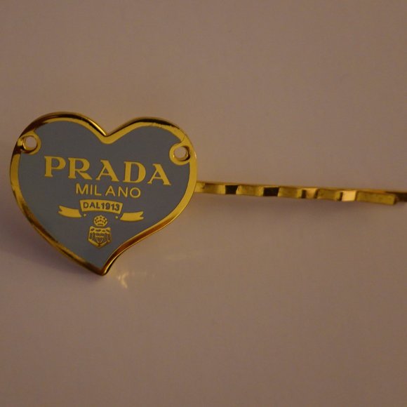 Authentic Prada Vintage Light Blue & Gold Heart Button on New Hair Clip - Picture 2 of 11